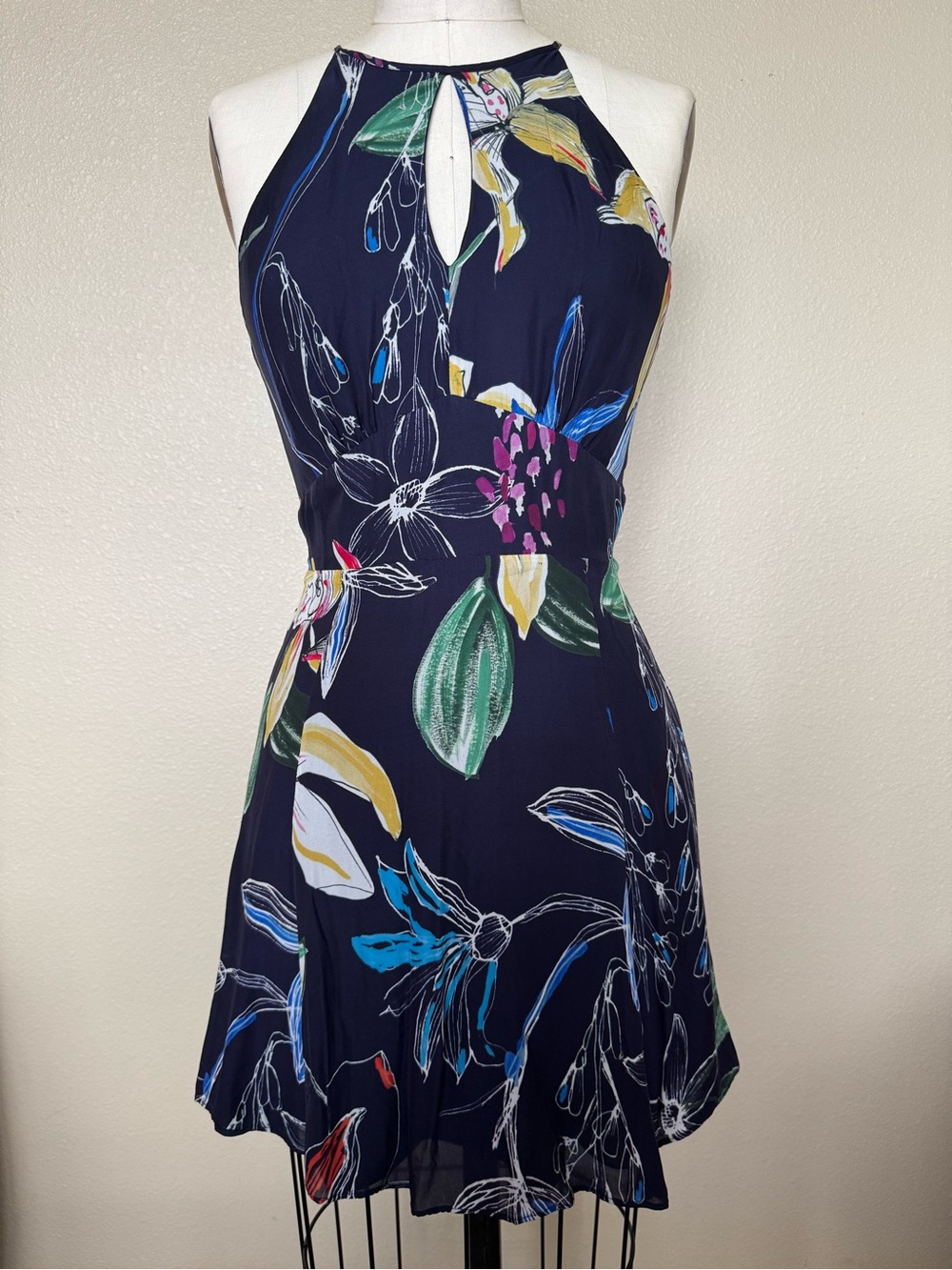 Parker Navy Floral Keyhole Halter Mini Dress